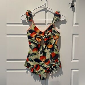 Joy Folie Mia Joy Apricot Print Pom Pom One Piece Swimsuit Size 14 Girls